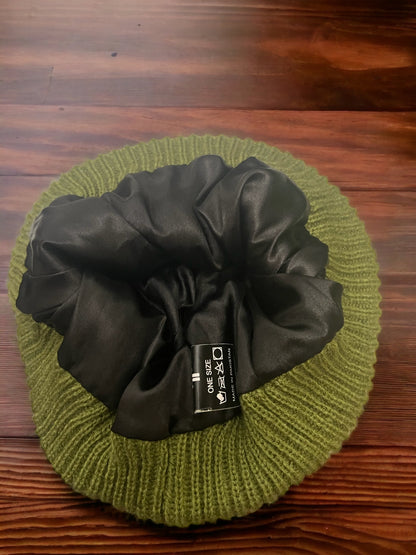 OLIVE GREEN BEANIE WITH SATIN LINING